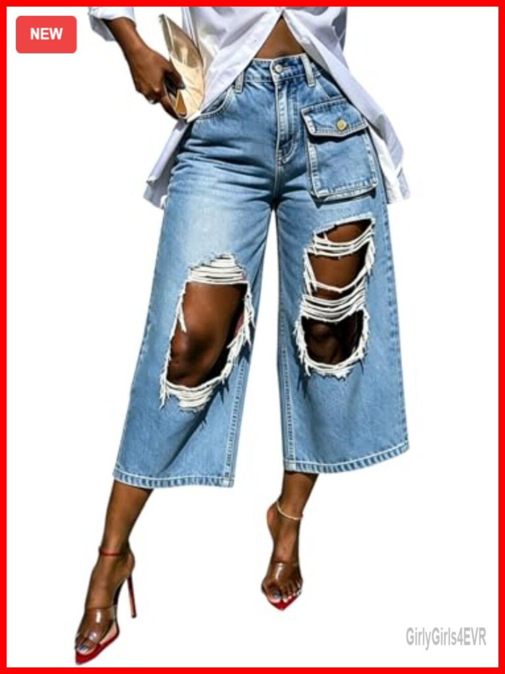 Women's Ripped Cargo Jeans Baggy Wide Leg High Waist Distressed Cropped Denim